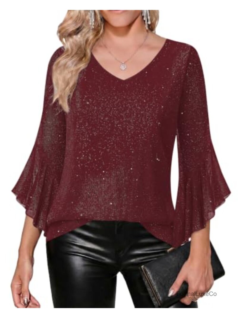Women's 3/4 Sleeve Sequin V-Neck Dressy Blouse Top Party Tunic